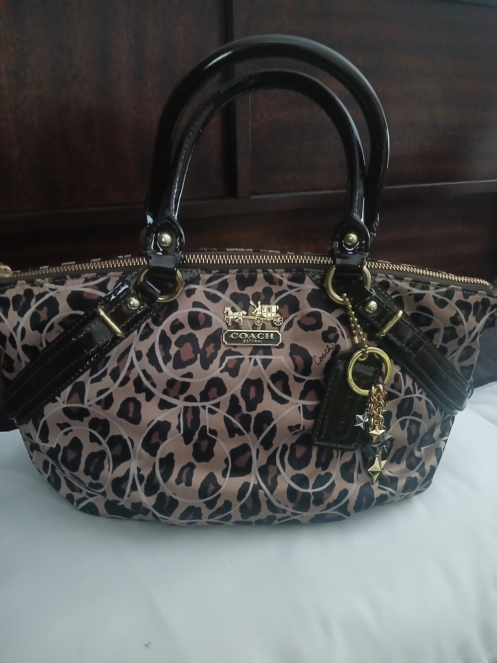 Coach Leopard Print Satchel with Dark Brown Patent Handles